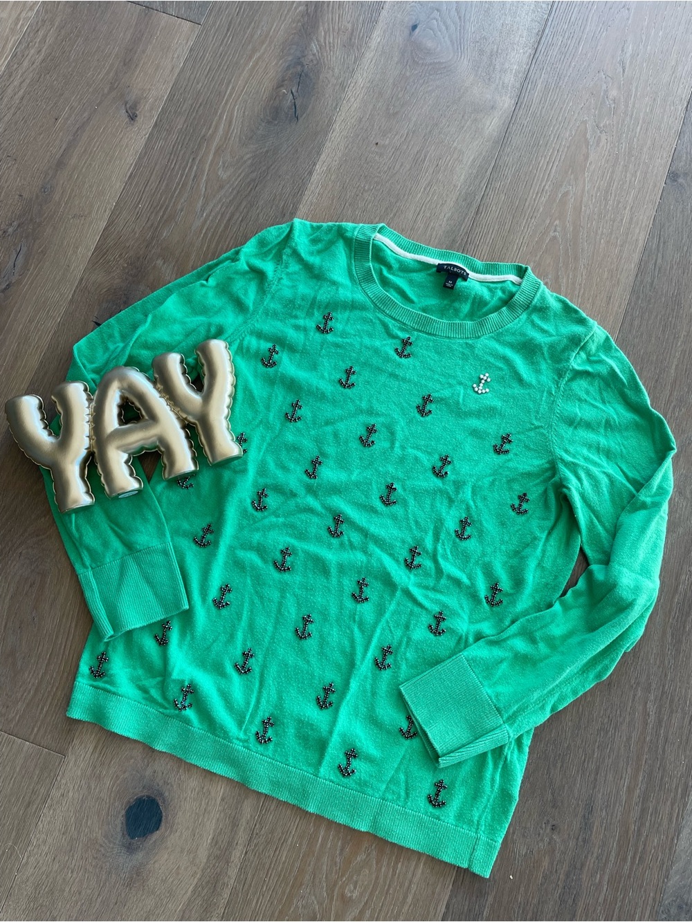 Talbots Kelly Green Embellished Anchor Sweater